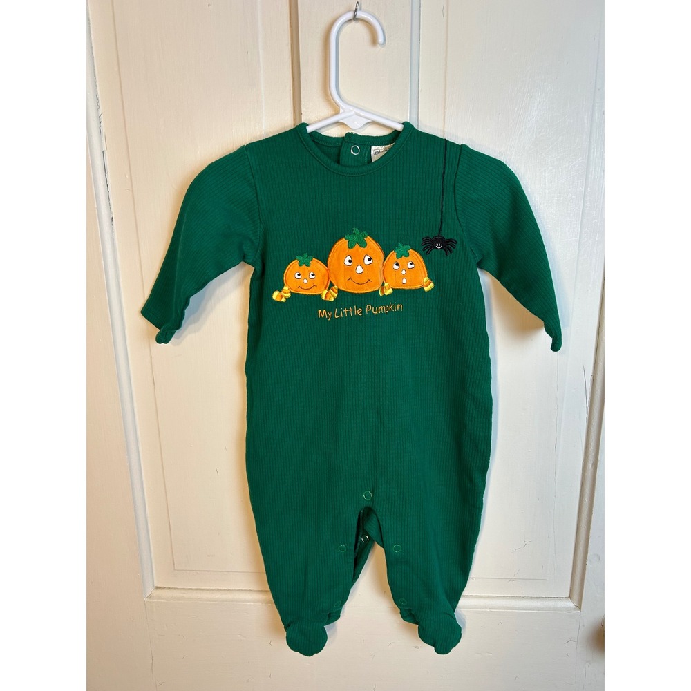 Minibasix Vintage 2005 Green Ribbed Cotton Pumpkin Halloween Romper 9M 16-18 lbs